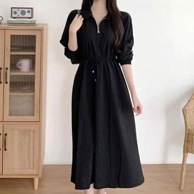 앞지퍼 오픈 카라 롱원피스 허리 스트랩 데일리웨어