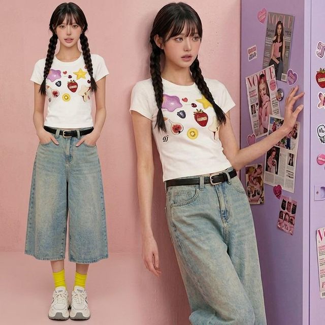 패턴 프린팅티 키치룩 여름 과일 나염티