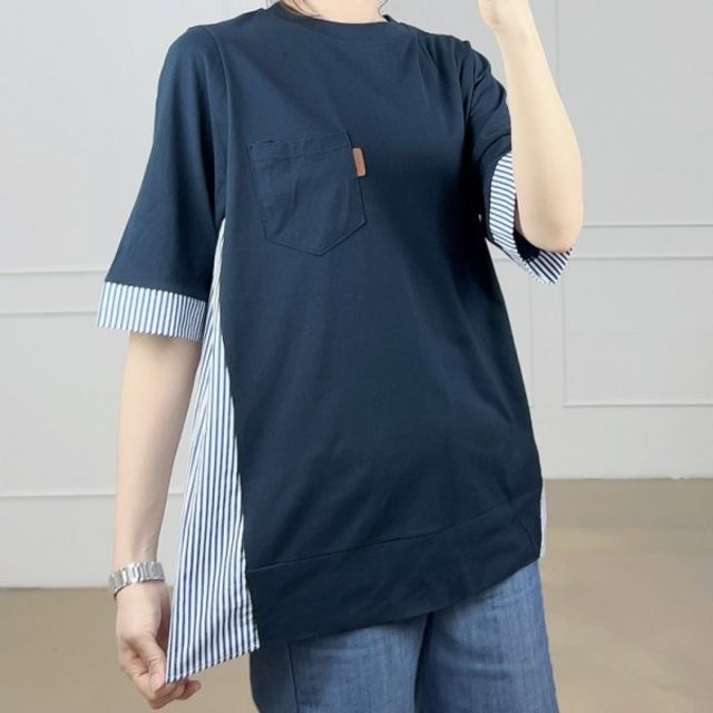 줄지 스판 반팔 배색 면 포켓 여름티 반팔티