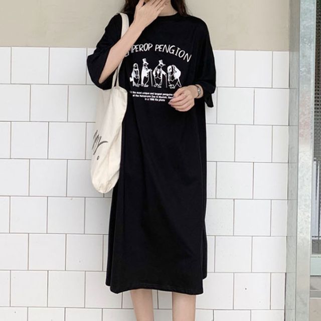 루즈핏 펭귄 원피스 데일리 밑단절개 베이직 롱기장