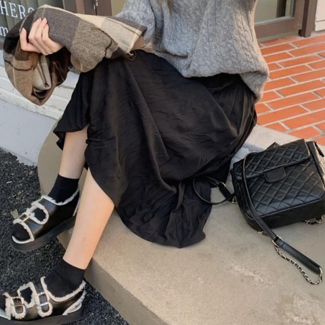 2컬러 데일리 주름스커트 허리밴딩 편한 롱스커트