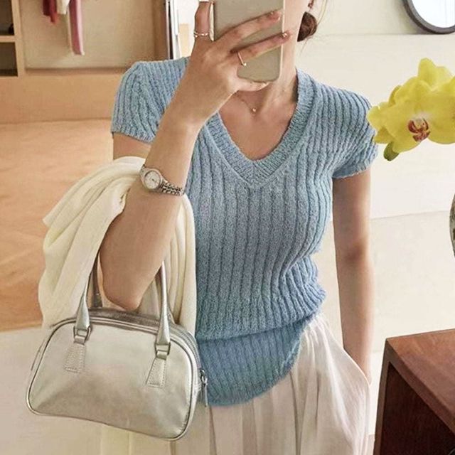 반팔 스카이 부클 캡소매 여성 티 브이넥 반팔니트 여름니트