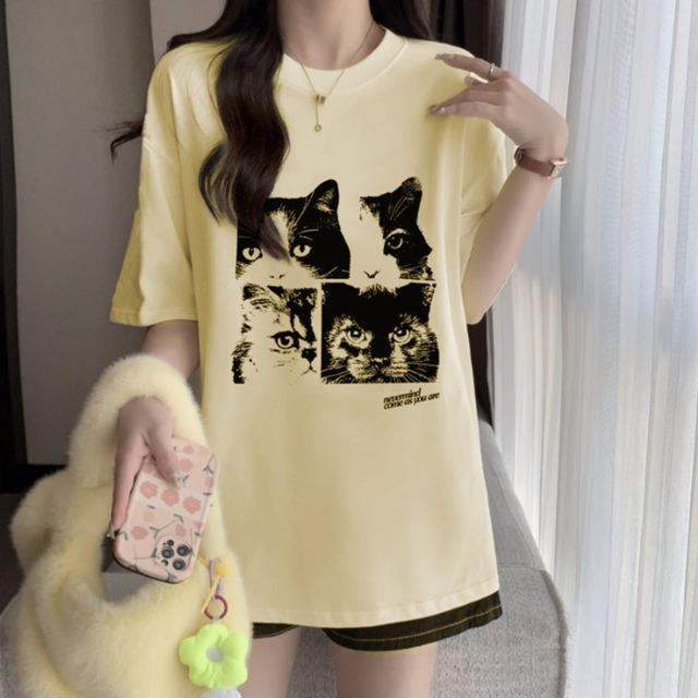 고양이 프린팅 여성 루즈핏 반팔 티셔츠 여름 데일리