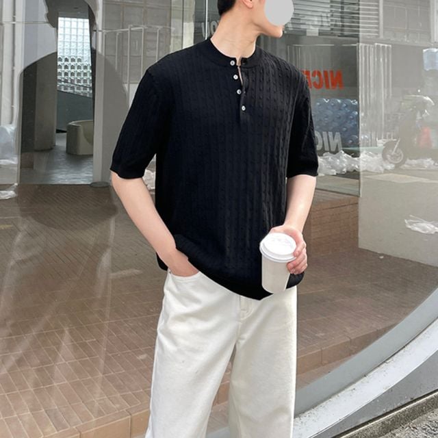 벗우 남성 헨리넥 케이블 반팔 니트 여름 꽈배기 버튼 니트티 캐주얼 티셔츠 블랙