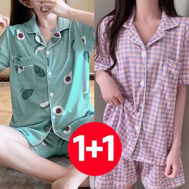 WL 여성 여름 반팔 바지 잠옷 세트 2개 아보카도 라벤더