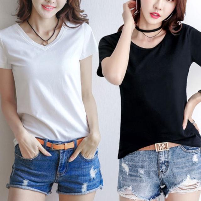 여성 무지 라운드넥 브이넥 반팔 티셔츠 - 기본티