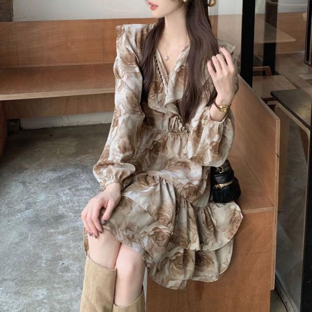 플라워패턴 브이넥 플레어 쉬폰원피스