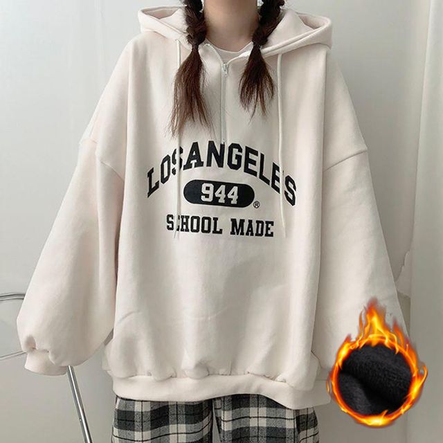 여성 레터링 기모 오버핏 패션 반집업 후드티