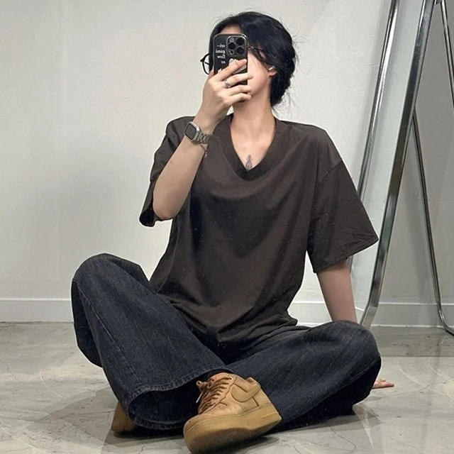 여성 오버핏 브이넥 반팔 박스 티/여자 V넥 기본 무지