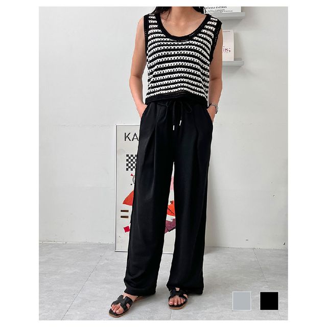 더블 주름 여성 와이드 밴딩 팬츠 캐주얼 데일리 바지