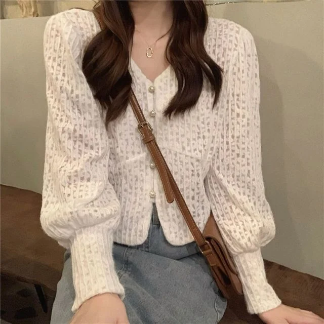 시보리 퍼프가디건 부드러운 수술 깃털 여성 가디건