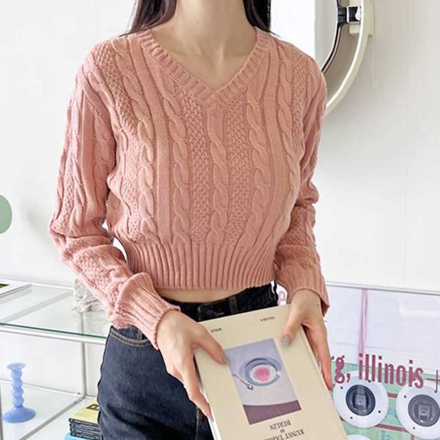 꽈배기짜임 크롭기장 니트티 브이넥 여성 버킷 긴팔