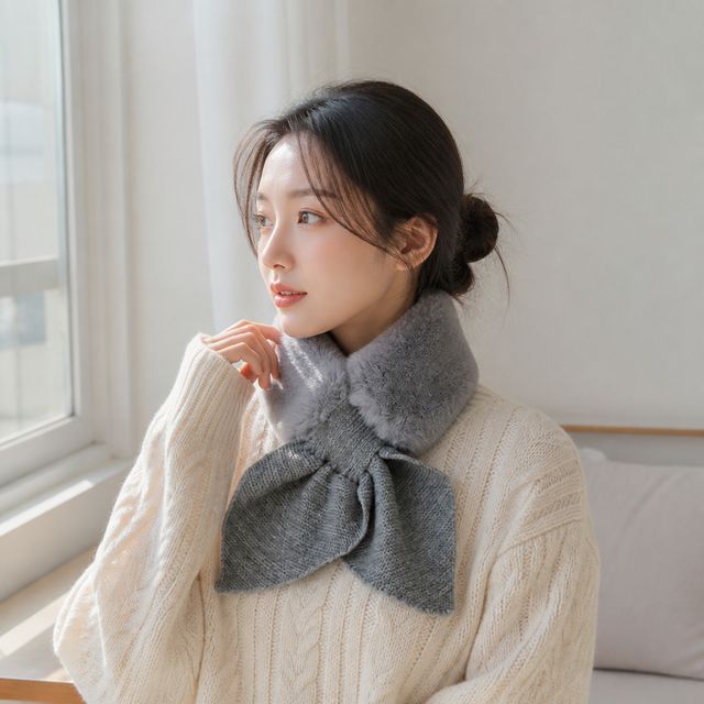 여성 인조털 니트 목도리 쁘띠 리본 고리형 겨울 머플러