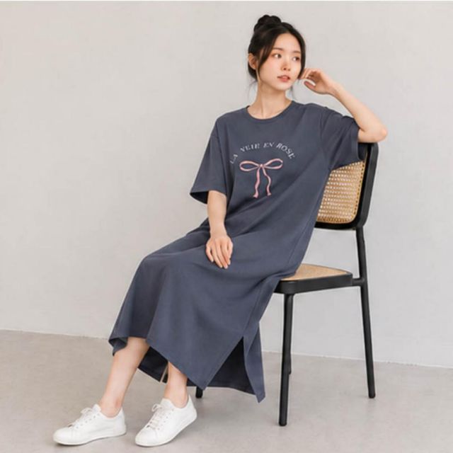 그래픽 롱드레스 편한 여름 여성 오버핏 반팔 원피스
