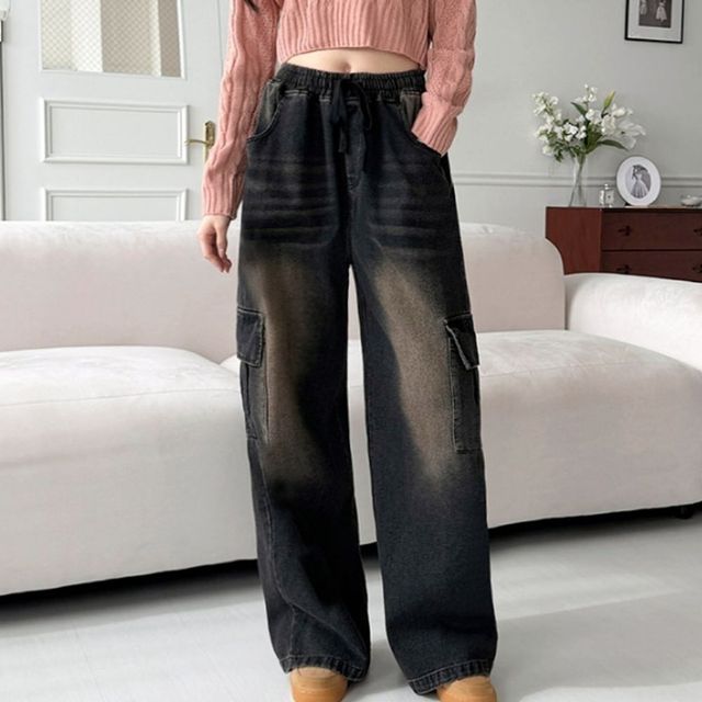 유니섹스 오버핏 루즈핏 카고 데님 팬츠 빈티지 워싱 고무줄 통바지