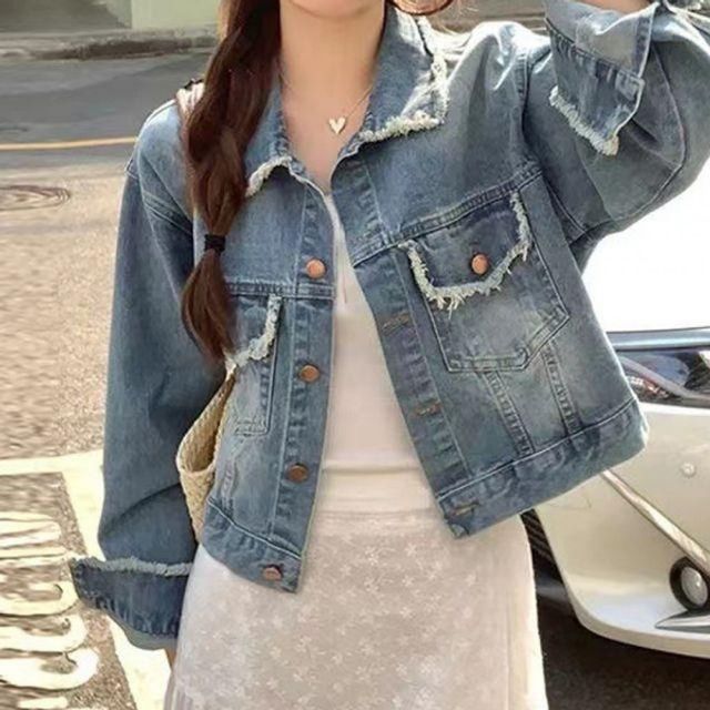 빈티지 여성 크롭 청자켓 데님 자켓 수술 헤짐 투포켓 간절기 숏 아우터