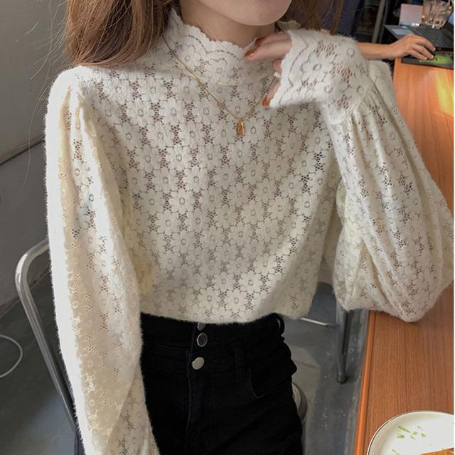시스루 레이스 블라우스 하이넥 청바지코디 여친룩
