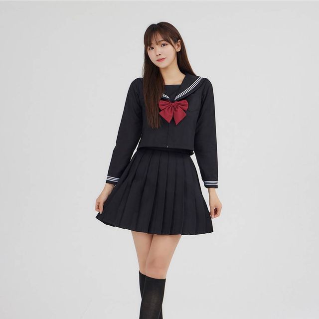 TBZ 교복몰 화이트 세줄라인 블랙 세라복 세트 (긴팔)