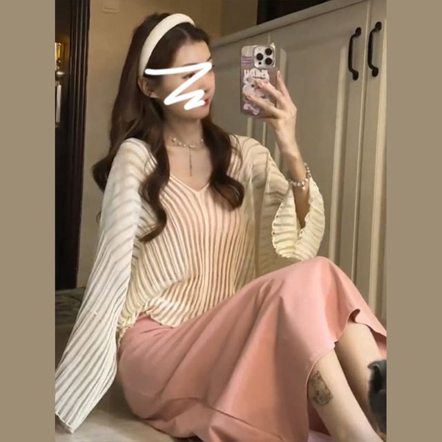 프랑스 부드러운 핑크 서스펜더 원피스 롱 스커트