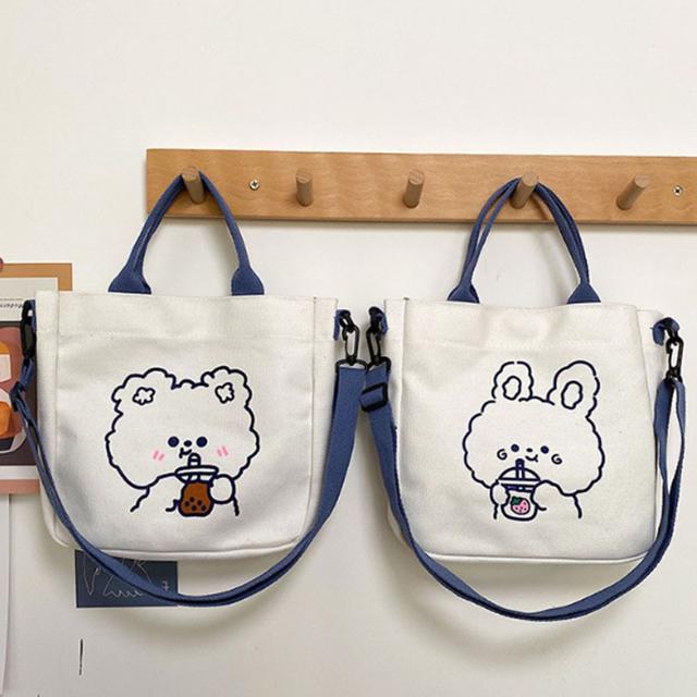 귀여운 곰 토끼 캐릭터 캔버스 에코백 보조 가방