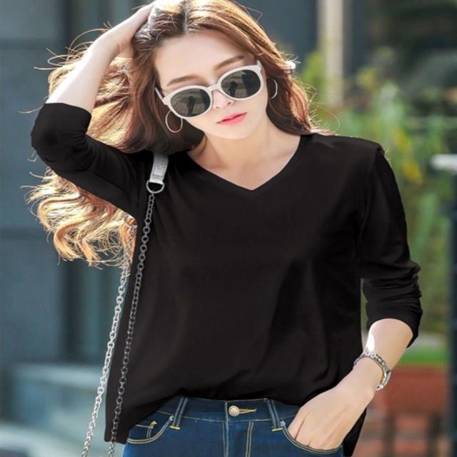 여성용 루즈핏 무지 긴팔 티셔츠 - 브이넥 라운드넥