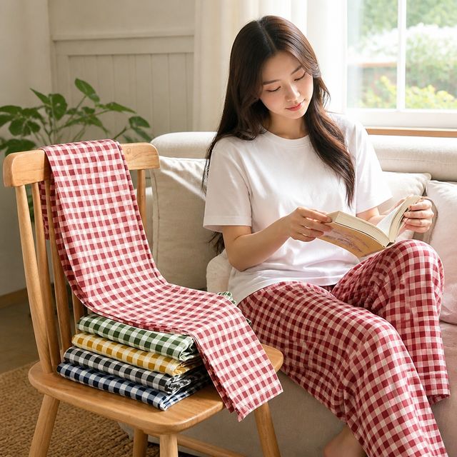 체크 패턴 커플 잠옷 남녀 와이드 밴딩 팬츠 실내복 홈웨어 잠옷바지
