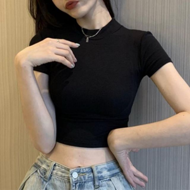 블랙 하이넥 크롭 반팔 스포츠웨어 조깅 댄스용 티셔츠