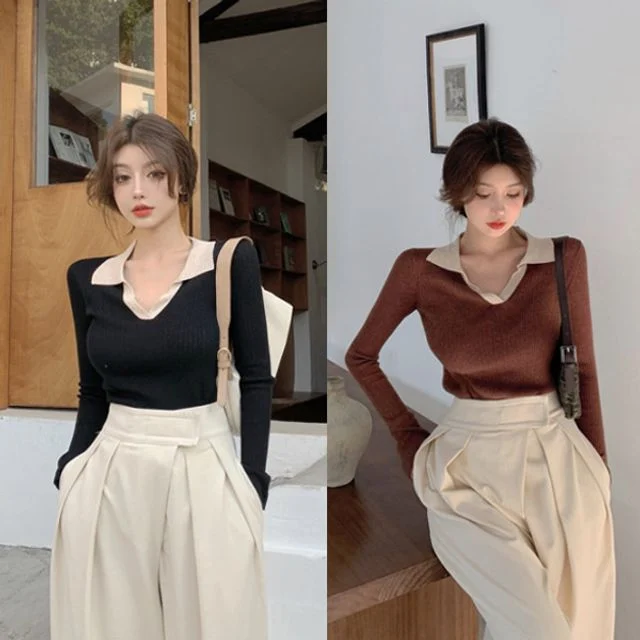 봄 가을 배색 골지 니트 신축성좋은 슬림핏 카라티