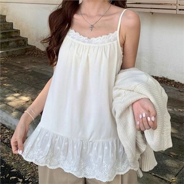 여성 레이스 끈 나시 여성 프릴 끈 나시 레이어드 슬리브리스 데일리 여름 나시티
