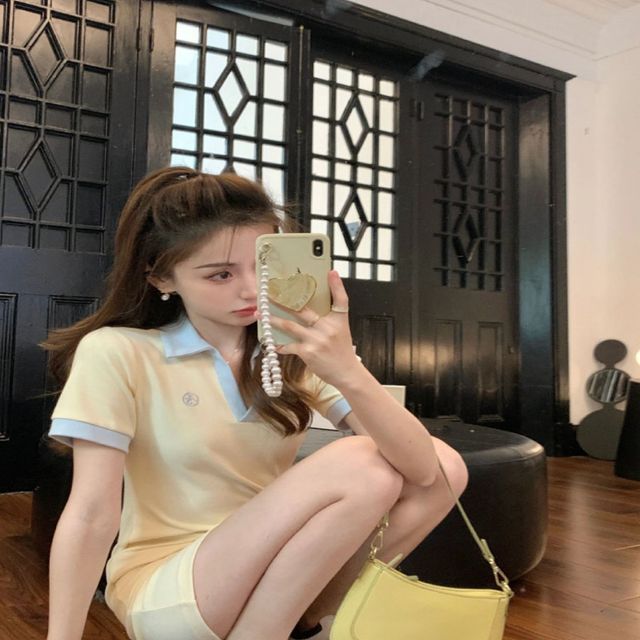 오픈카라 배색 슬림핏 캐주얼 미니원피스 카라원피스