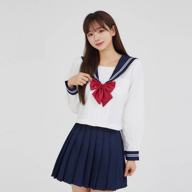 TBZ 교복몰 화이트_네이비 플리츠 세라복 세트 (긴팔)