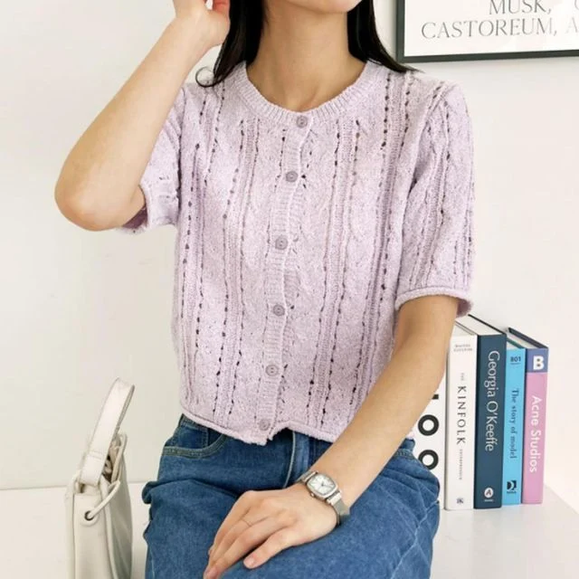 여성 여름 비비드 펀칭 크롭 반팔 니트 가디건