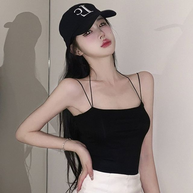 캡내장 나시 끈 크롭 얇은