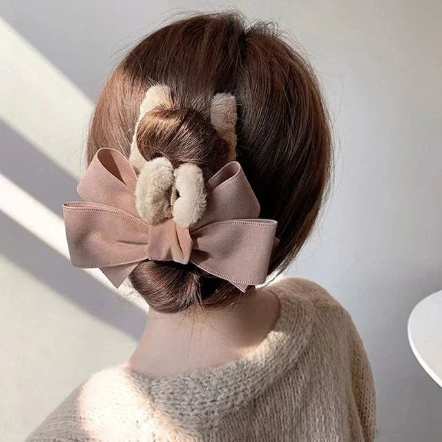 올림 머리 반 묶음 밍크 퍼 예쁜 리본 집게 핀 핑크