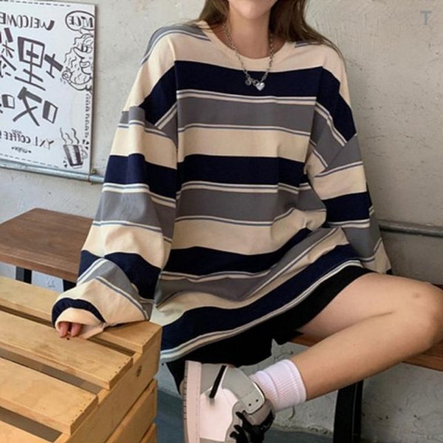원형넥 줄무늬 겨울티셔츠 가을철 긴소매 걸 드레스셔츠 가을티 걸스 데일리풀슬리브티