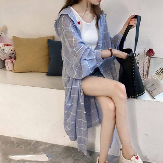 여자 캐주얼룩 톤다운 블루컬러 후드 롱 체크 점퍼
