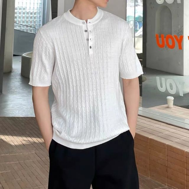벗우 남성 헨리넥 케이블 반팔 니트 여름 꽈배기 버튼 니트티 캐주얼 티셔츠 화이트