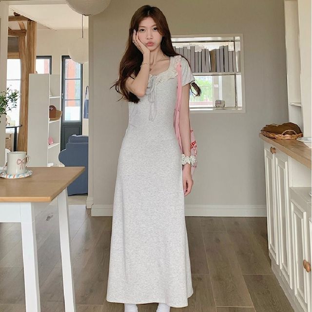 프릴 레이스 카라 롱 원피스 면 휴가룩 반팔 캐주얼