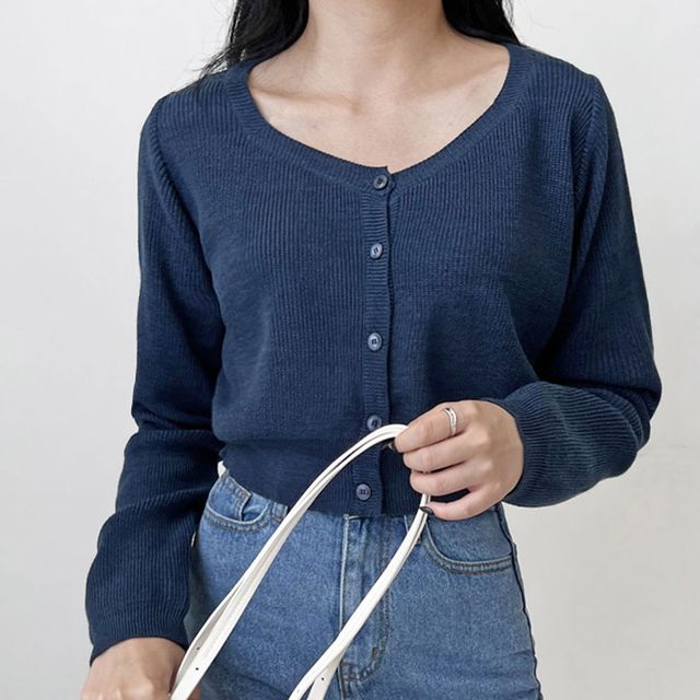 여자 다이아 넥라인 크롭 기장 봄 가을 니트 가디건