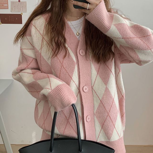 여성 데일리 브이넥 체크 패턴 니트 가디건