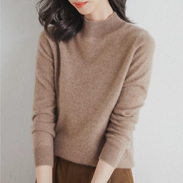 부드러운 티 여성 반목 기본 니트 코코아