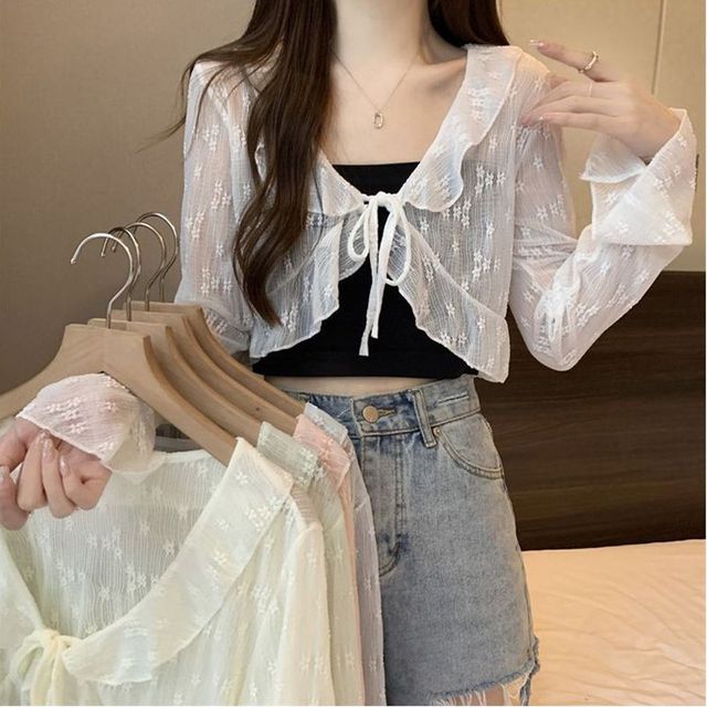 여름 레이스 빅카라 크롭 볼레로 가디건 여자 시스루