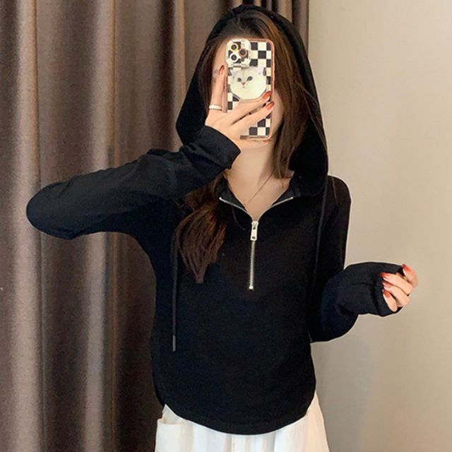 여성 반집업 후드 긴팔티 1P 간절기 데일리 티셔츠 단독 이너 패션