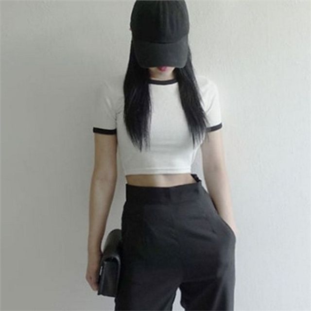 슬림핏 여성 크롭 반팔 티 라운드 여성 코튼 크롭 티