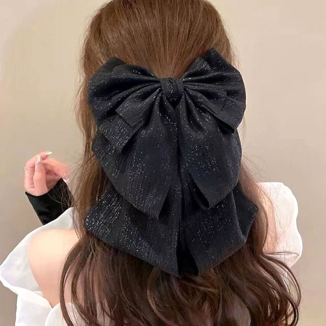 포니테일 묶음머리 펄 쉬폰 3단 빅리본 집게핀 머리핀