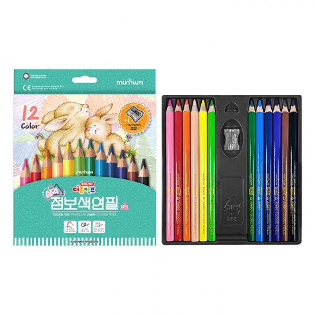 혜명몰 문화연필 더존키즈 삼각 점보색연필 12색 / 연필깎이포함 - 개 (1개입) 취미용색연필 초등학생색연