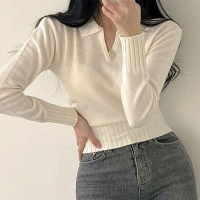 큐티 여성 긴팔 니트티 카라 브이넥 상의 크롭 티셔츠