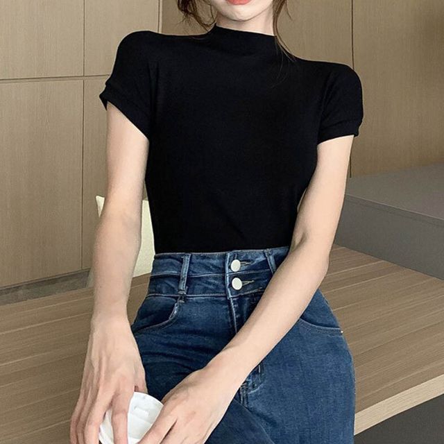 캡소매 반목 하프넥티셔츠 슬림핏 여성 여름 기본티 2