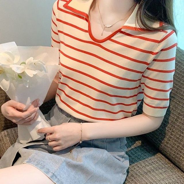 칼라 스트라이프 티셔츠 여성 아이스실크 세련된