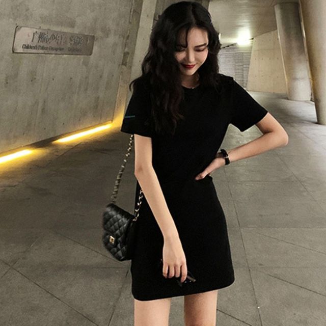 면 반팔 미니원피스, 슬림핏 라운드 티 원피스